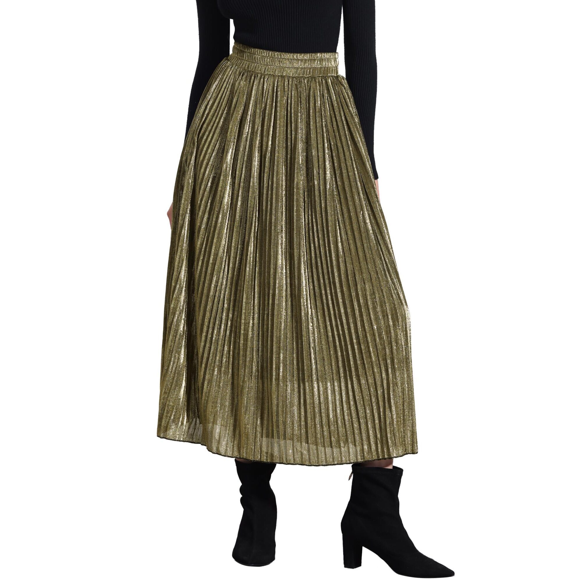 5156 Metallic Shiny Skirt Glitter Party High Waist Flared Plaeted Midi